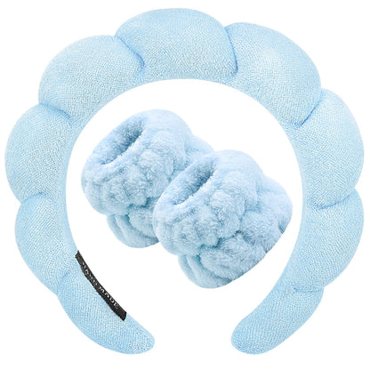 Zkptops Spa Headband for Washing Face Wristband Set Sponge Makeup Skincare Headband Terry Cloth Bubble Soft Get Ready Hairband for Women Girl Puffy Padded Headwear Non Slip Thick Hair Accessory(Blue)