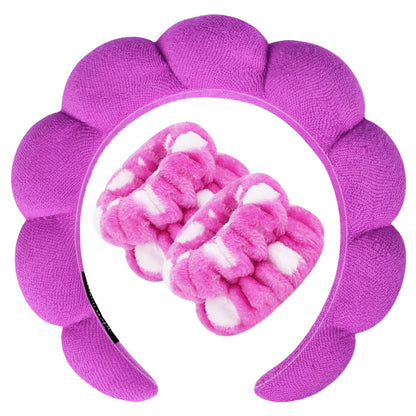 Zkptops Spa Headband for Washing Face Wristband Set Sponge Makeup Skincare Terry Cloth Bubble Soft Get Ready Hairband for Women Girl Puffy Padded Headwear Non Slip Thick Hair Accessory(Dark Purple)