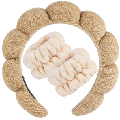 Zkptops Spa Headband for Washing Face Wristband Set Sponge Makeup Skincare Terry Cloth Bubble Soft Get Ready Hairband for Women Girl Puffy Padded Headwear Non Slip Thick Hair Accessory(Brown)
