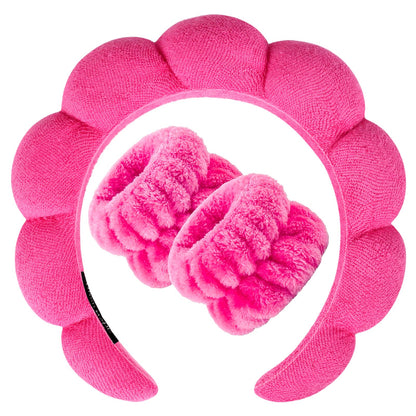 Zkptops Spa Headband for Washing Face Wristband Set Sponge Makeup Skincare Terry Cloth Bubble Soft Get Ready Hairband for Women Girl Puffy Padded Headwear Non Slip Thick Hair Accessory(Hot Pink)