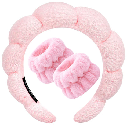 Zkptops Spa Headband for Washing Face Wristband Sponge Makeup Skincare Headband Terry Cloth Bubble Soft Get Ready Hairband for Women Girl Puffy Padded Headwear Non Slip Thick Hair Accessory(Pink)